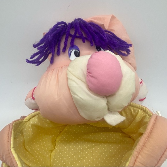 Vintage Pink Yellow Nylon Parachute Plush Bunny Easter Basket Puffalump Style - Picture 3 of 14